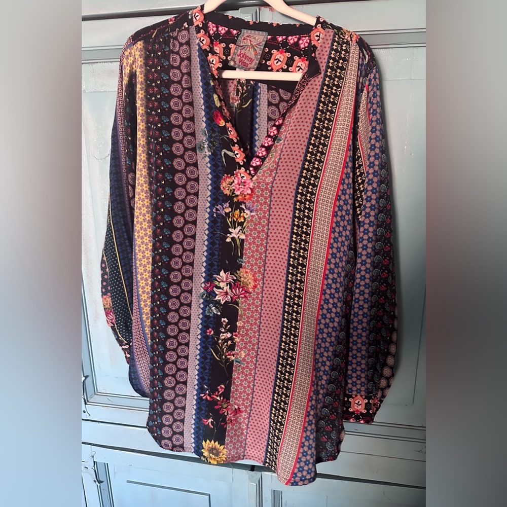 Johnny Was Floral and Geometric Blouse in Blue and Pink